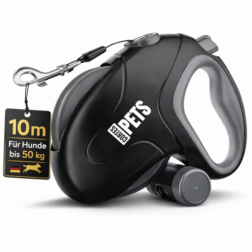 CORTES PETS rullkoppel hundkoppel 10m för stora och små hundar upp till 50 kg – utdragbart hundkoppel 10 m med bajspåse – infällbart – flexi belt – utdragbart koppel (svart, XL | 10m | 50kg)