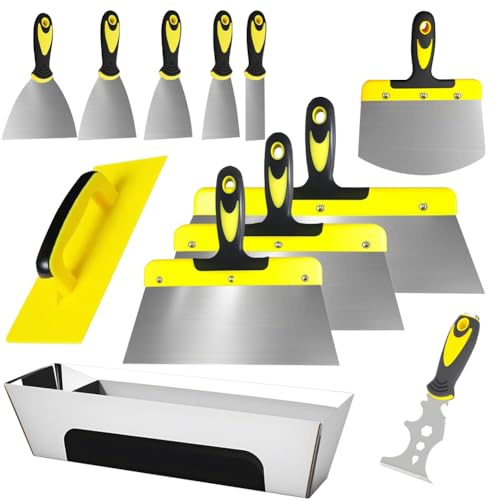 Spatelset 12 delar, rostfritt stål målningspatelset, ytspatel av rostfritt stål 350 – 25 mm, spatelverktyg med PP+TPR-handtag, gul-svart för gips, puts, ta bort tapeter
