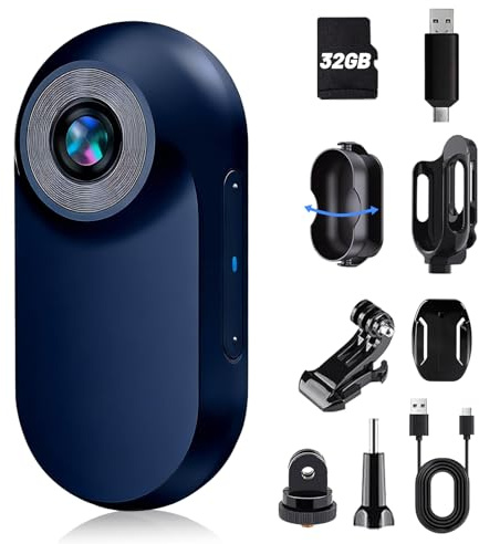 HOFAOUG Mini Caméra Sport Portable Miniature, Caméra POV Magnétique, Mini Camera Velo, 32GB Incluse Camera Moto, pour Voyages, Velo, Casque Moto(Bleu Marine)