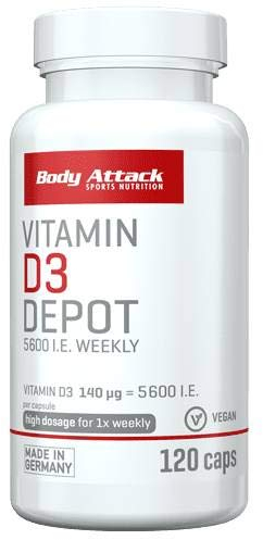 Bodyattack- Vitamin D3 Depot, 120 Kapseln - hochbioverfügbares Vitamin D3 mit veganen und hochdosierten 5600 I.E D3 pro Kapsel, nur 1 Kapsel pro Woche, für Sportler & Athleten, Made in Germany
