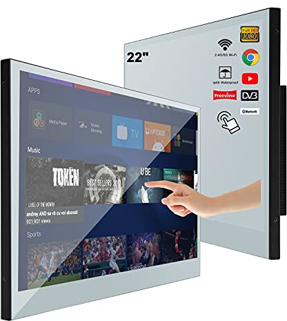 Soulaca 22inch Touchscreen Smart LED Mirror TV for Bathroom,1080P Waterpoof with Wi-Fi and Bluetooth, Integrated with Speaker Android 14.0 System