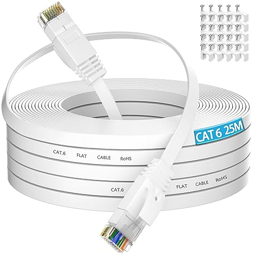 LAN Kabel 25 Meter Flach, Cat 6 Netzwerkkabel 25m High Speed Weiß Ethernetkabel Weiss RJ45 Kabel Dünn Internetkabel 1Gbit/s Patchkabel Gigabit Lankabelverlaengerung für Router, Modem
