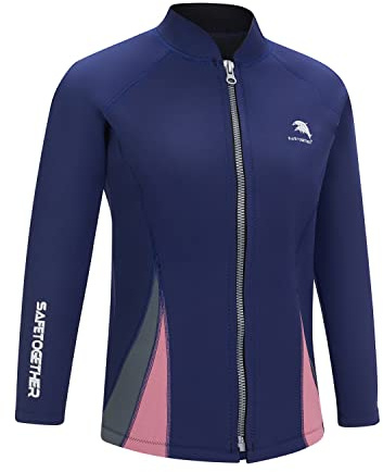 Women 2mm Neoprene Wetsuits Top - Women Wetsuits Jacket, Front Zip Warm Long Sleeve Swimming Scuba Surfing Diving Suit Top (3XL, Navy Blue)