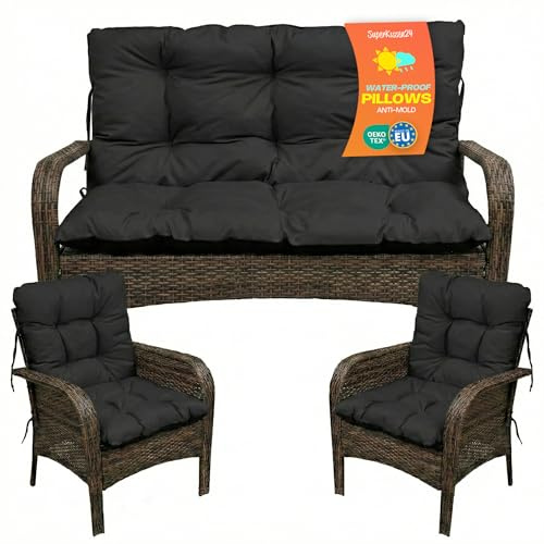SuperKissen24. Sitzkissen Bankkissen Bankauflage - 100x50 cm und Rückenlehne 100x60 cm mit 2er 48x96 cm Stuhlkissen Set - Outdoor und Indoor - Schwarz