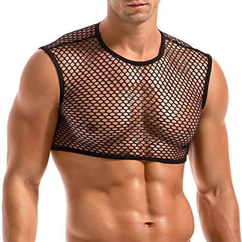 Amy Coulee Men's Fishnet Crop Top Sleeveless Mesh Vest | Lightweight Stretch Fabric, Crew Neck and Cropped Length, Large Mesh Design, Nightclub Party Costume Wear, Hand Wash Only