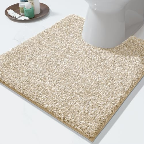 Yimobra Toilet Rugs U Shaped Washable, Soft Absorbent Microfiber Bathroom Rugs, Non Slip Quick Drying Shaggy Bath Mat,Contour Bathroom Mats for Toilet Base, Home Essentials,24x20,Light Beige and White