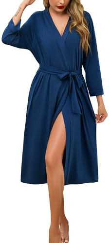 Lovasy Dressing Gowns for Women UK Long Women's Robe Soft Ladies Kimono Dressing Gowns Lightweight Knit Bath Robes for Women Loungewear Nightwear with Pocket for All Seasons,Blue,XXL