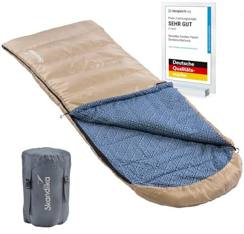 Skandika Deckenschlafsack Dundee Flanell | Baumwolle, Luxus-Qualität, koppelbar, Doppelschlafsack, bis -20°C, 220 x 80 cm/ 220 x 160 cm | Outdoor Camping Schlafsack (Beige/H'blau RV Links)