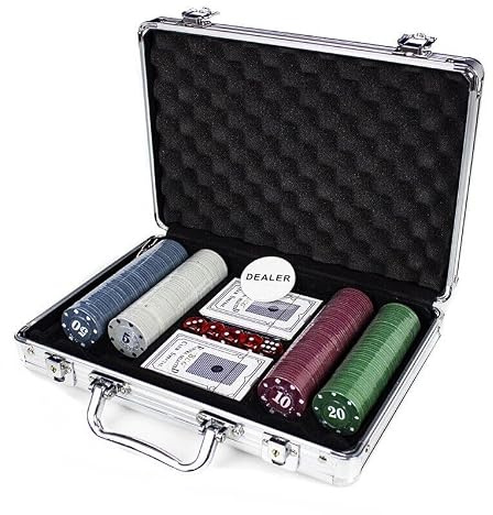 COSHANO Set de Poker Maletín Premium de Aluminio con 200 fichas, Dos Barajas de Cartas, 5 Dados y ficha Dealer, Estuche portátil, Blackjack.