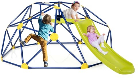 HOMASIS Struttura da Arrampicata per Bambini da Giardino a Cupola, Parco Giochi Bambini Esterno con Scivolo e Sedile, Scala da Arrampicata per Bambini dai 3-10 Anni, Portata fino a 280 kg (Giallo)