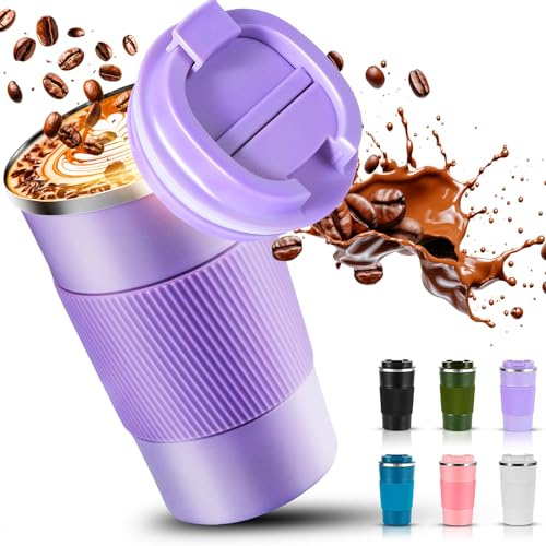 SENBSLAN Travel Mug,510ml Insulated Coffee Cup with Leakproof Lid,Non-Slip Coffee Travel Mugs for Hot Drinks,Double Walled Stainless Steel Thermal Mugs for Hot Cold Drinks (Purple)
