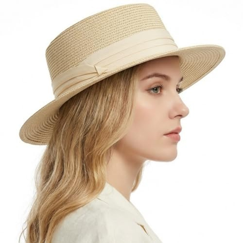 HIQIU Sommarhatt damer halm solhatt brett brätte platt topp stråhatt UPF 50+ solskydd strandhatt resa panamahattar för kvinnor