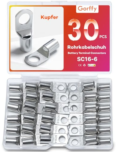 Gorffy Battery Terminal Connectors 30PCS, SC16-6 Cable Lugs, 16mm² Tinned Copper Ring Terminals, Battery Cable Connectors 12V, M6 Car Battery Terminals