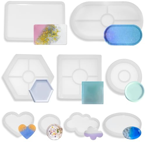 PXBSNB 9 PCS Resin Moulds Silicone, Epoxy Resin Moulds for Beginners, Reusable Silicone Molds for DIY Coasters Trays Bowl Mats Home Decorations