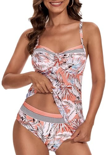 Aottori Tankini Damen Set Badeanzug Zweiteilig V-Ausschnitt Bademode Bauchweg Beachwear Push Up Badeanzüge Sommer Tankini Oberteil mit Badeshorts Rosa XL