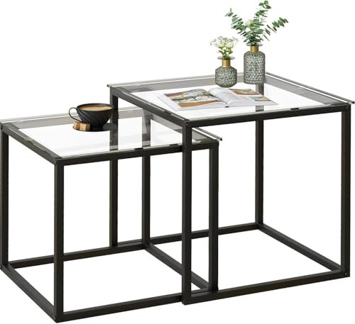 Quadratisch Couchtisch 2er Set, Moderne Wohnzimmertisch, Couchtisch Aus Glas, Wohnzimmertisch Klein, Beistelltisch, Sofatisch, Coffee Table für Wohnzimmer, Schlafzimmer, Büro, 50/45 cm, Schwarz