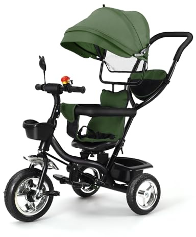 Tricycle Bébé Évolutif, Draisienne Évolutif pour Enfants avec Barre à Pousser, Velo Poussette Bebe, Velo Enfant avec Pare-Soleil (Vert)