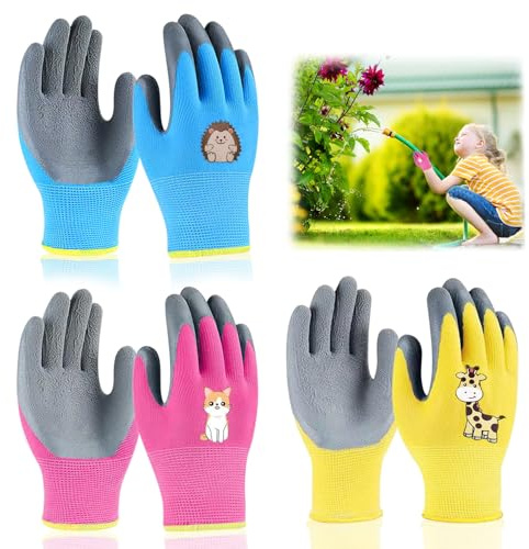 WEDAMOO 3 paia di guanti da giardinaggio per bambini, guanti da lavoro con rivestimento in lattice, guanti per bambini con motivo cartoni animati, guanti protettivi in lattice antiscivolo per 3-5 anni