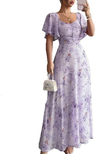 BSLVWG Femmes été décontracté Chiffon Puff Manches Florales imprimé Buste Une Ligne Robe Haute Taille Robe Plage Maxi Robes fluides (FR/ES, Alpha/Lettres, TTG, Taille Normale, Taille Normale, Violet)