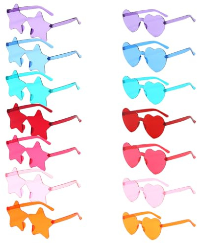 XMSHYODSM Star Shaped Sunglasses, 14 Pcs Colorful Rimless Sunglasses, Heart Shaped Party Glasses Transparent Candy Colour Glasses Hippie Sunglasse Funky Glasse for Women Man Party(7 Colors)