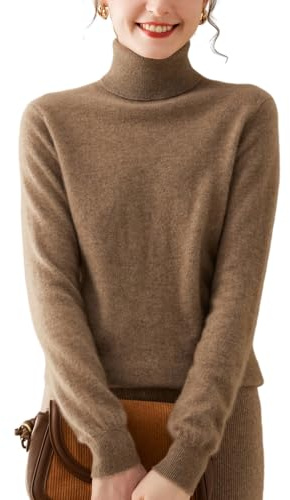WEWE Pull Cachemire Femme Col roulé Uni Tricoté Ajust Manches Longues Fin Pull en Cachemire et Laine,Marron,EU 42,MN602