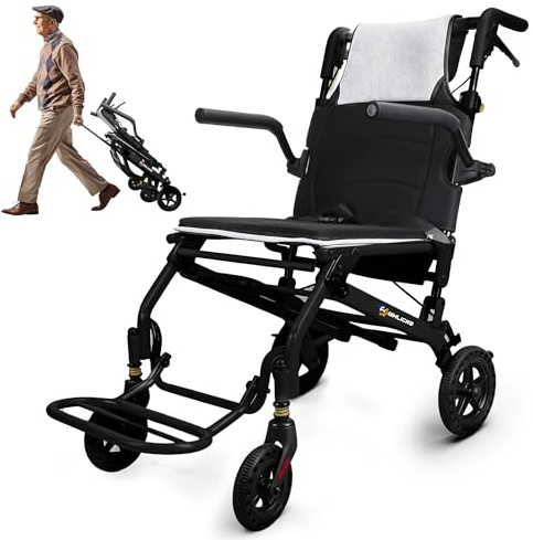 Fauteuils roulants pour adultes fauteuil de transport léger et pliable avec poignée télescopique, largeur d'assise de 46 cm. Fauteuils roulants pliables et portables pour les personnes âgées.