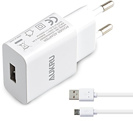 Aukru Caricabatterie USB da Muro portatile 5V 2A per smartphone, tablet, MP4/MP3, Con Micro USB cavo, colore Bianco