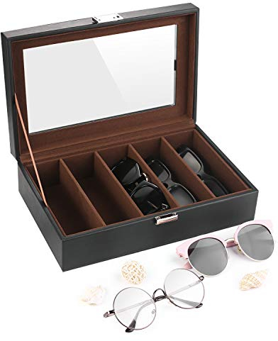 SHYOSUCCE Scatola per 5 Occhiali con Coperchio in Vetro, Custodia per Occhiali, Occhiali da Sole e da Lettura, Nero (29x18.5x8cm)