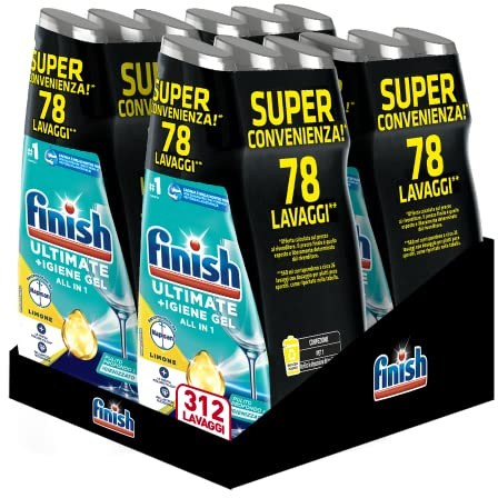 Finish Quantum + Igiene, Detersivo Lavastoviglie Raccomandato da Napisan, Gel Lavastoviglie al Limone, 312 Lavaggi, 12 confezioni da 26 Lavaggi di Liquido