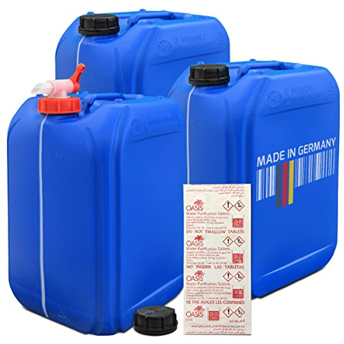 plasteo® 3x 25 Liter Getränke- Wasserkanister mit 1 Hahn und 3 Schraubdeckel (DIN 61) +1x10 Wasseraufbereitungstabletten | Lebensmittelecht | BPA Frei | Tragbar | Indoor und Outdoor | Blau