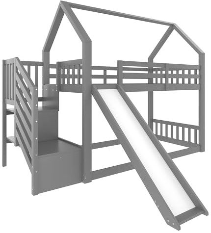 Azkoeesy Letto a Castello a Forma di Casetta 90x200 cm, Scivolo Rimovibile, Scala di Sicurezza con Ripiani, Struttura Robusta in Pino Massello, Colore Grigio, per Adolescenti e Cameretta