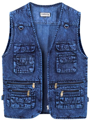 Yukirtiq Gilet en Jean pour Homme Cowboy Gilet Moto Multipoches Veste en Jean Sans Manche Denim Gilet Biker, Bleu clair, XXL