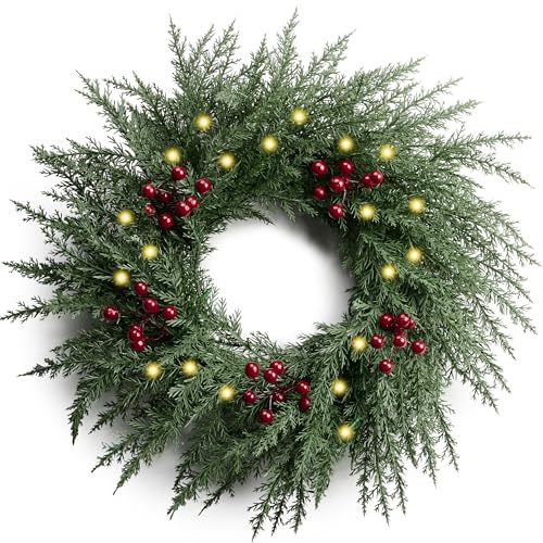 Valery Madelyn 20 Inch Realistic Christmas Wreaths with Lights, Pre Lit Norfolk Pine Wreath with 30 LED Lights, Green Xmas Faux Cedar wreaths Decorations with Red Berried for DIY Outdoor