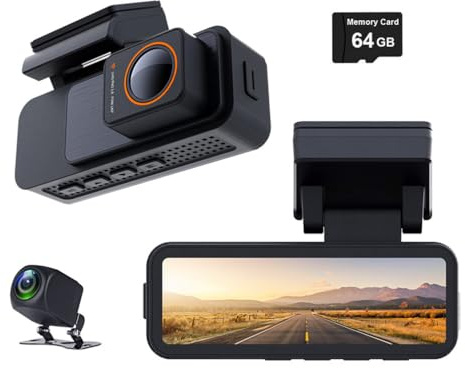 Caméra embarquée 4K à Double Objectif for Voiture, enregistreur vidéo Ultra HD 2160p, WiFi, GPS, caméra arrière 1080p, DVR (Carte 64 Go Incluse)