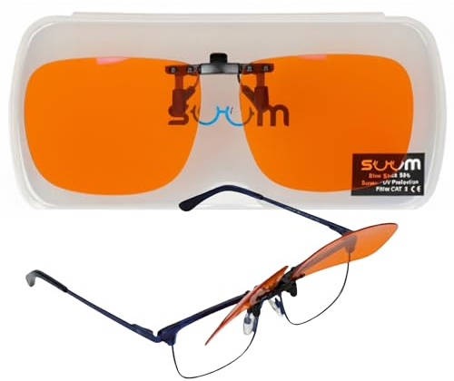 SUUM Clip-On de Pinza Abatible Filtro Luz Azul para Gafas Graduadas - Lentes Naranja Antifatiga para Pantallas y Lectura - Clip Luz Azul para Gaming y Trabajo con Visión Dual (Clip-on Pinza Abatible)