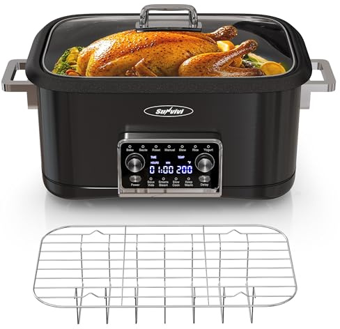 SUNVIVIPRO 12-in-1 Programmable Slow Cooker Roaster Oven, 8 Quart Digital Multi-Cooker Food Warmer with Timer, Temp Control & Auto Shut Off, Removable Non-Stick Pot, Dishwasher-Safe Glass Lid, Black