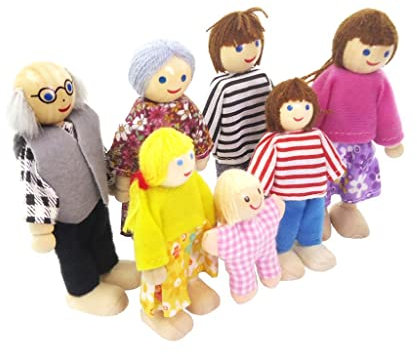 Fenteer 7 Personen Familienmitgliednmitglied Puppen Biegepuppen Minipuppen für 1:12 Puppenhaus Zubehör