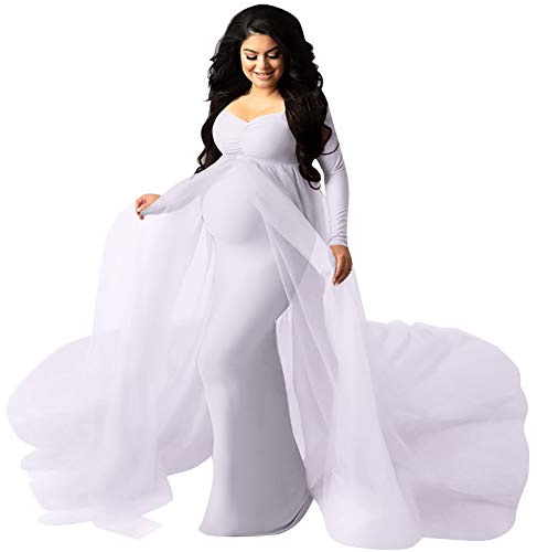 Women Ruched V Neck Long Sleeve Maternity Dress Chiffon Casual Elegant Fitted Photography Gown Slim Fit Flowy Wedding Bridesmaid Pregnancy Mama Long Maxi Dress for Baby Shower Photoshoot White 2XL