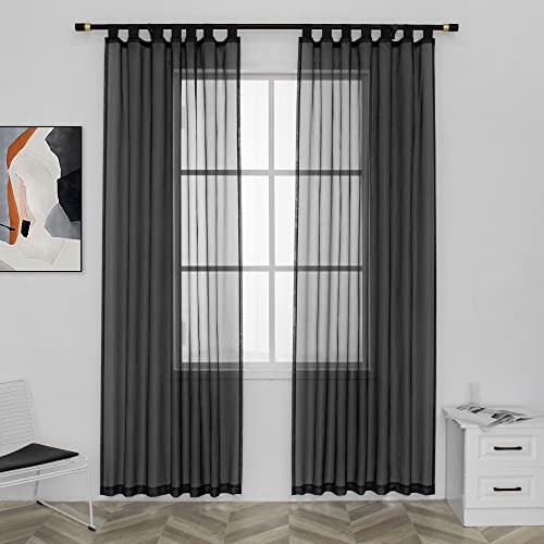 MUMFAS Black Tab Top Sheer Curtains 96 Inches Long for Bedroom Solid Color Light Filtering Semi Transparent Breathable and Airy for Living Room 52X96 Inches 2 Panels 8 ft Floor Length Curtains