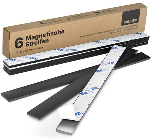 GAUDER Magnetstreifen selbstklebend (6 Stück) | Magnetstreifen zum Kleben | Selbstklebende Magnetstreifen stark | Magnetband (4 mm x 25 mm x 30 cm)