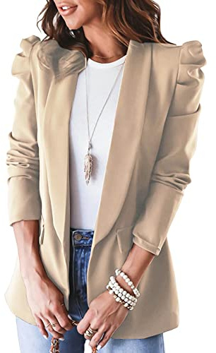 SEMATOMALA Women's Puff Sleeve Shoulder Pad Business Blazer Suit Casual Lapel Open Front Work Office Jacket with Pockets KH-L Khaki