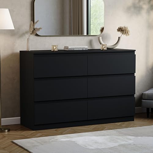 Vida Designs Denver 6 Drawer Chest of Drawers | Black | Space-Saving Storage | 74H x 120W x 40D cm | Smooth Metal Runner | Engineered Wood | Modern Bedroom Chest of Drawers Unit