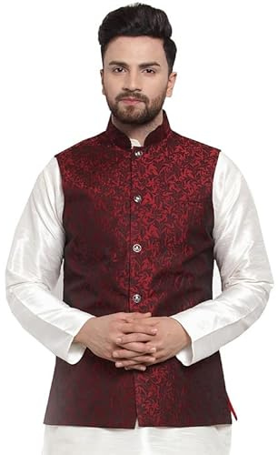 Maple Clothing Men's Nehru Jacket Traditional Indian Waistcoat Sleeveless (Maroon, L)