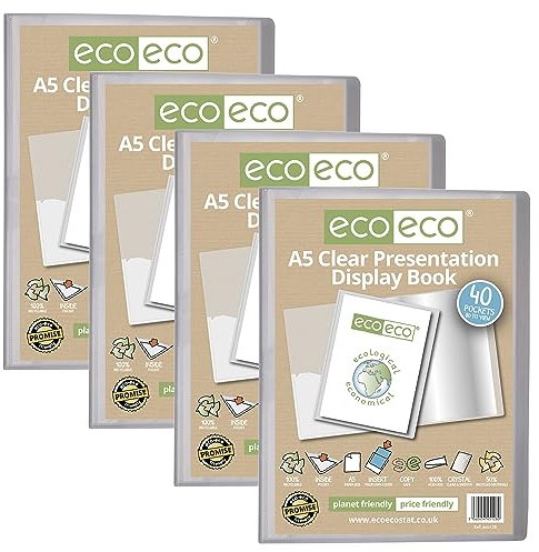 eco-eco Präsentationsbuch, A5, 50% recycelt, 40 Taschen, transparent, Aufbewahrungsbox, Portfolio-Kunstmappe mit Kunststoffhüllen, 4 Stück, eco128 x 4