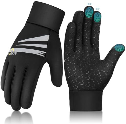 AOTOW Kids Winter Warm Sports Gloves - Boys Girls Cold Weather Thermal Windproof Touch Screen Full Finger Anti Slip Cycling Glove for Football Running Riding Athletic Children Mittens Outdoor Blcak