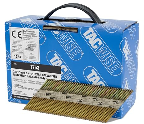 Tacwise 1753 Extra Verzinkte Rahmennägel 2,8/65 mm, D‘-Kopf, Ringschaft, mit 34° Neigung, Papiergebunden, Packung mit 1600 Stück