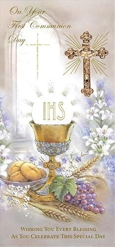 First Holy Communion Catholic Celebration Unisex Card with a Metal Cross Crucifix, Embossed and Boxed for a Special Girl or Boy