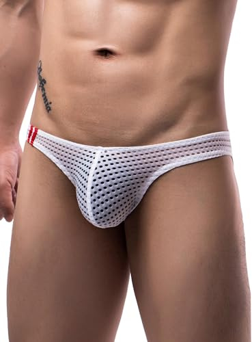 comeondear Tangas Sexy Hombre de Malla Transpirables Jockstrap Sexy Cintura Baja Calzoncillos Mesh Talla Grande String Slips Suspensorios Comodo Lencería Ropa Interior Blanco,S