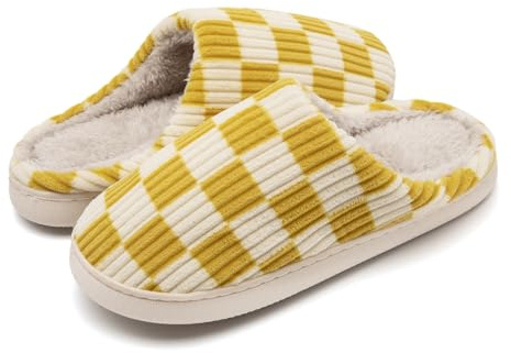 Guyarns Memory Foam Slippers for Women and Men - Fuzzy Checkered With Anti-Skid Sole for Bedroom, Indoor and Outdoor Use (Yellow, 7/8 UK)