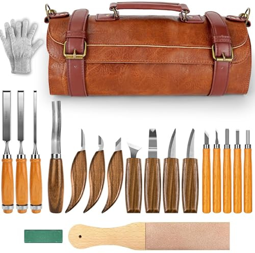 Lot de 20 couteaux de sculpture sur bois pour débutants, avec étui en cuir PU, kit de sculpture sur bois fin pour sculpteurs de bricolage et experts en menuiserie